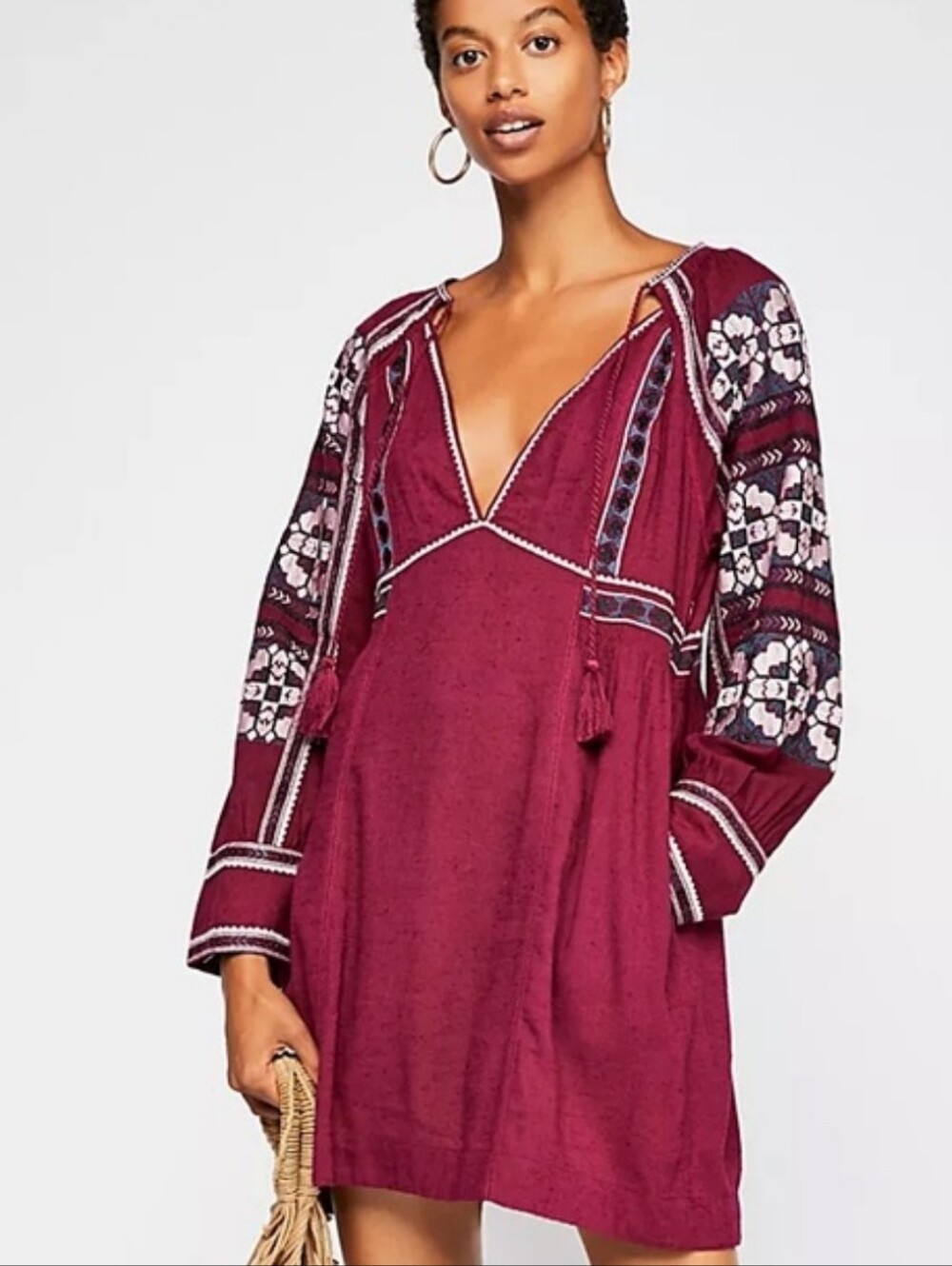 Free People Wine Red All My Life Boho Embroidered Long Sleeve Tunic Dress Sz L